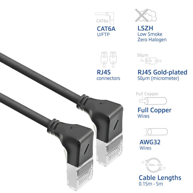UFTP CAT6a Slimline Netzwerkkabel | Winkelstecker unten / Winkelstecker unten | LSZH | Schwarz | 3 Meter