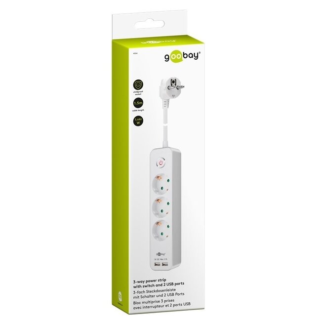 Goobay Steckdosenleiste | 3 Steckplätze | 2x USB-A | Schalter | 1,5 m