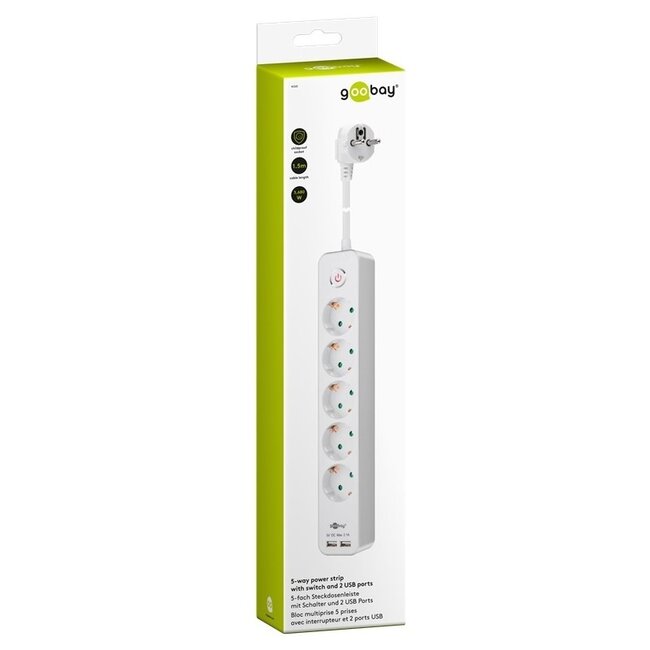 Goobay Steckdosenleiste | 5 Steckplätze | 2x USB-A | Schalter | 1,5 m