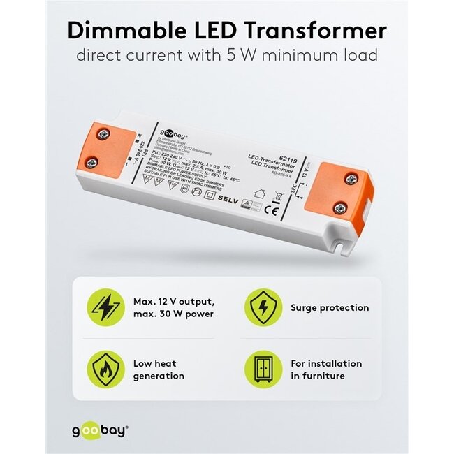 Goobay LED-Trafo | dimmbar | 12V DC | 6-30W | IP20