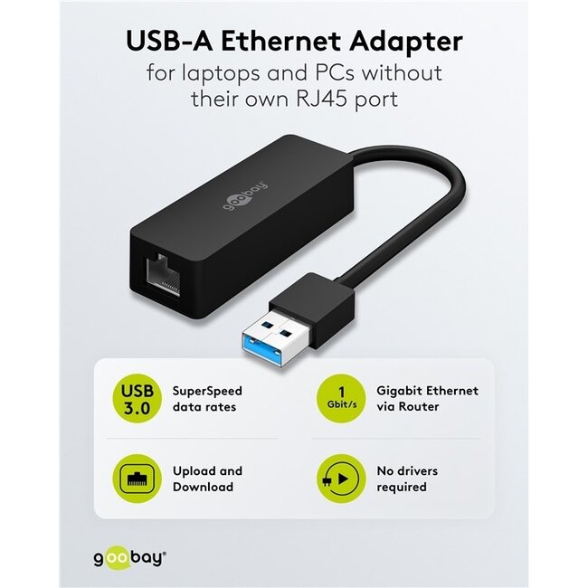Goobay USB-A zu RJ45 LAN Adapter | USB 3.0 | CAT6 | Schwarz | 0,10 m