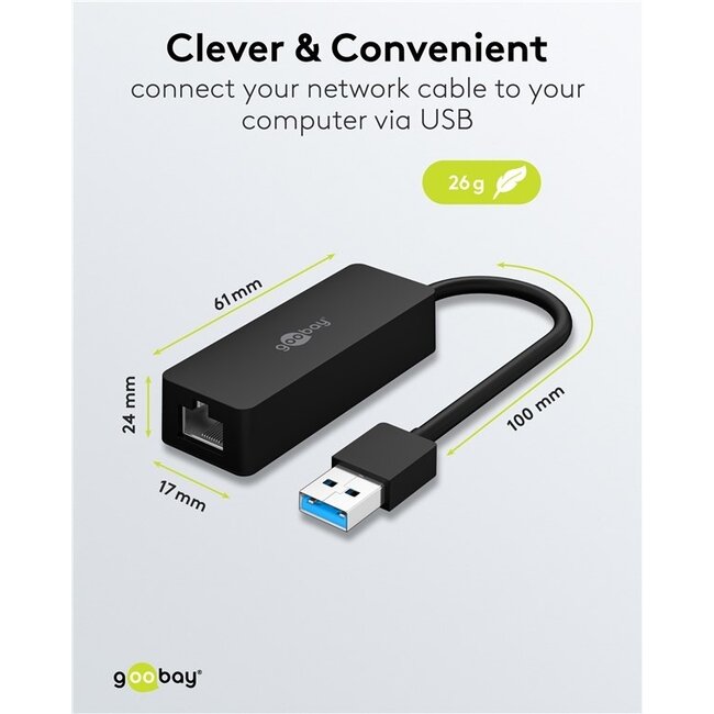 Goobay USB-A zu RJ45 LAN Adapter | USB 3.0 | CAT6 | Schwarz | 0,10 m
