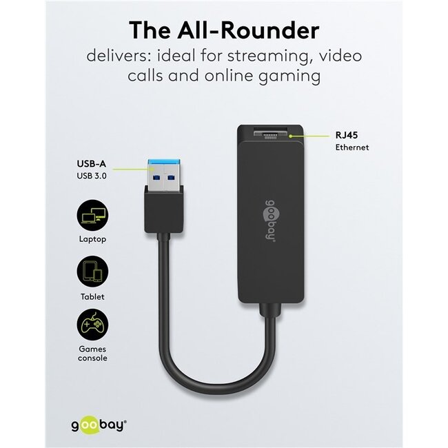 Goobay USB-A zu RJ45 LAN Adapter | USB 3.0 | CAT6 | Schwarz | 0,10 m