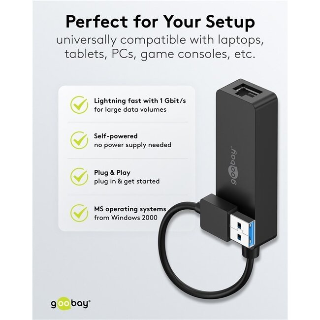 Goobay USB-A zu RJ45 LAN Adapter | USB 3.0 | CAT6 | Schwarz | 0,10 m