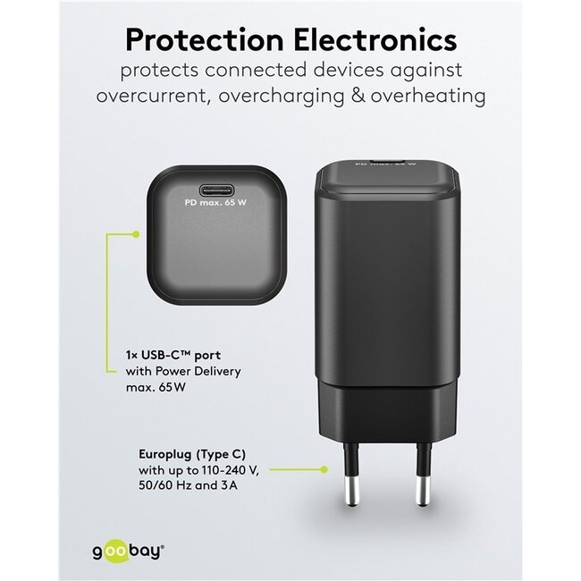 Goobay Nano USB-Ladegerät | USB-C PD | GaN | 65W | Schwarz