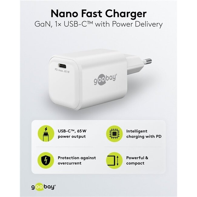 Goobay Nano USB-Ladegerät | USB-C PD | GaN | 65W | Weiß
