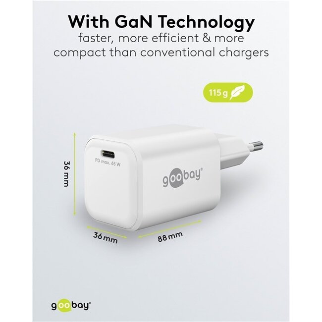Goobay Nano USB-Ladegerät | USB-C PD | GaN | 65W | Weiß