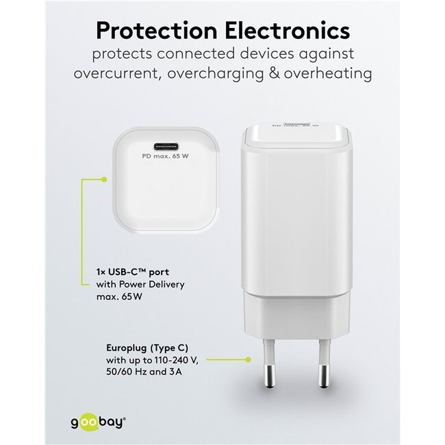 Goobay Nano USB-Ladegerät | USB-C PD | GaN | 65W | Weiß