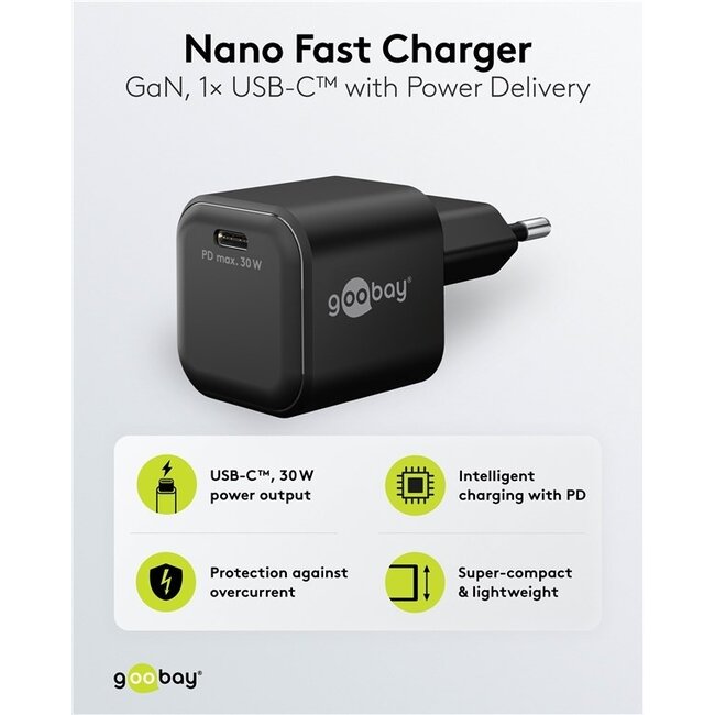 Goobay Nano USB-Ladegerät | USB-C PD | GaN | 30W | Schwarz
