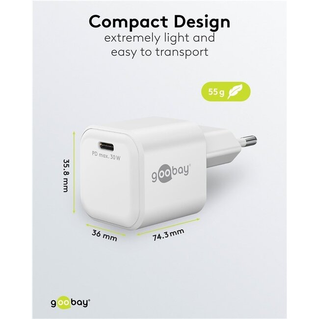 Goobay Nano USB-Ladegerät | USB-C PD | GaN | 30W | Weiß