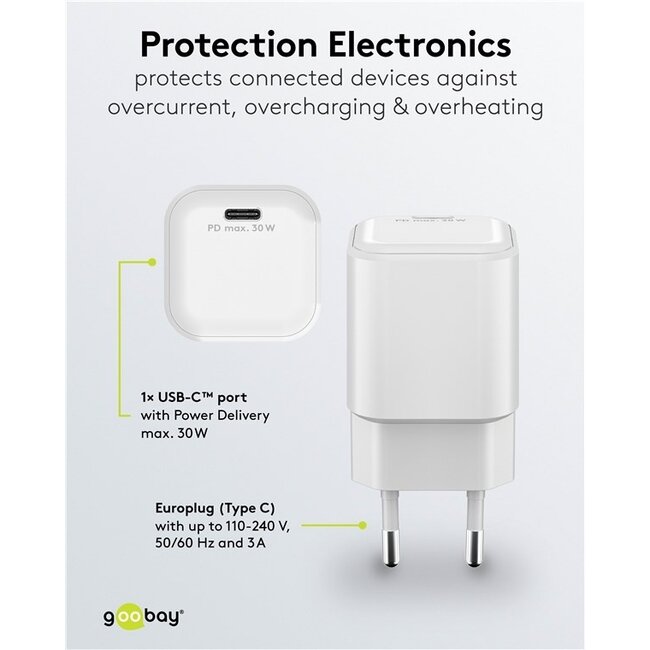 Goobay Nano USB-Ladegerät | USB-C PD | GaN | 30W | Weiß