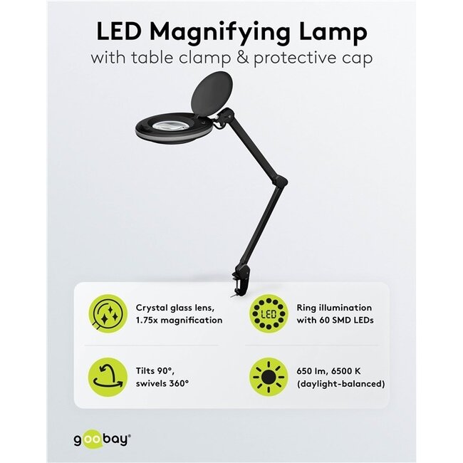 Goobay Premium LED-Lupenlampe | 650 lm | 8W | Tischklemme | Schwarz