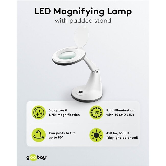 Goobay LED Lupe Lampe | 450 lm | 6W | Schreibtischständer | Weiß