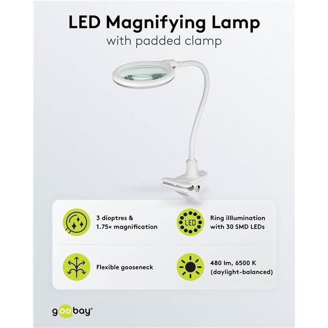 Goobay LED Lupe Lampe | 480 lm | 6W | Tischklemme | Weiß
