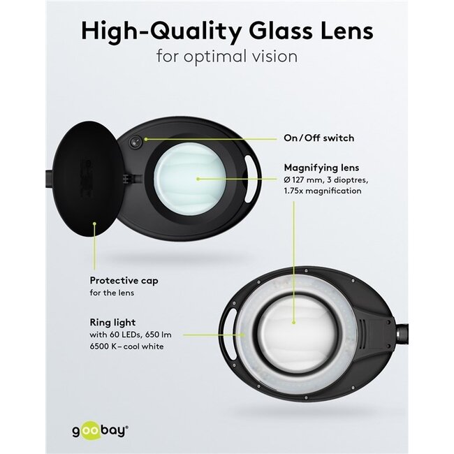 Goobay LED Lupe Lampe | 650 lm | 8W | Tischklemme | Schwarz