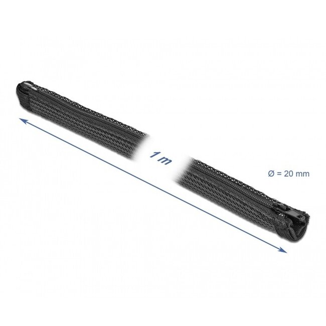 Delock Polyester Kabelschutz mit Reißverschluss | 20mm | Hitzebeständig | Schwarz | 1 Meter