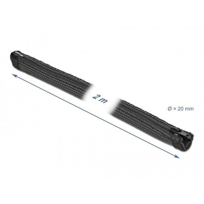 Delock Polyester Kabelschutz mit Reißverschluss | 20mm | Hitzebeständig | Schwarz | 2 Meter