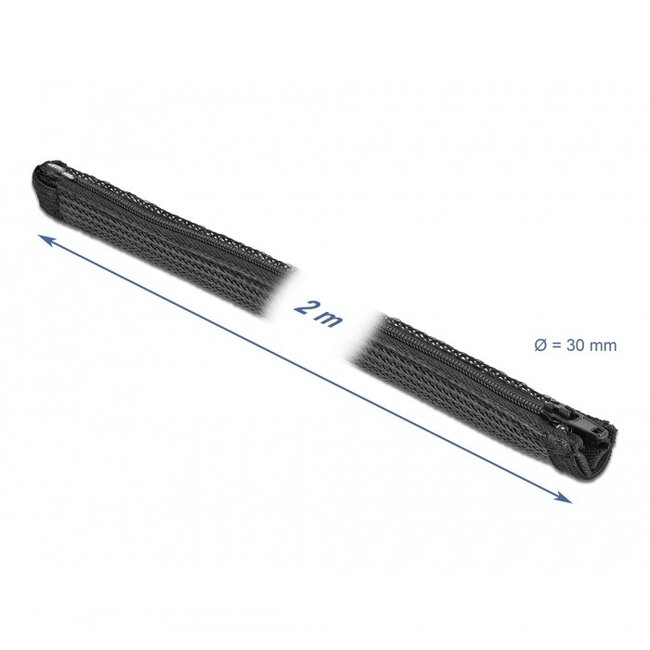 Delock Polyester Kabelschutz mit Reißverschluss | 30mm | Hitzebeständig | Schwarz | 2 Meter