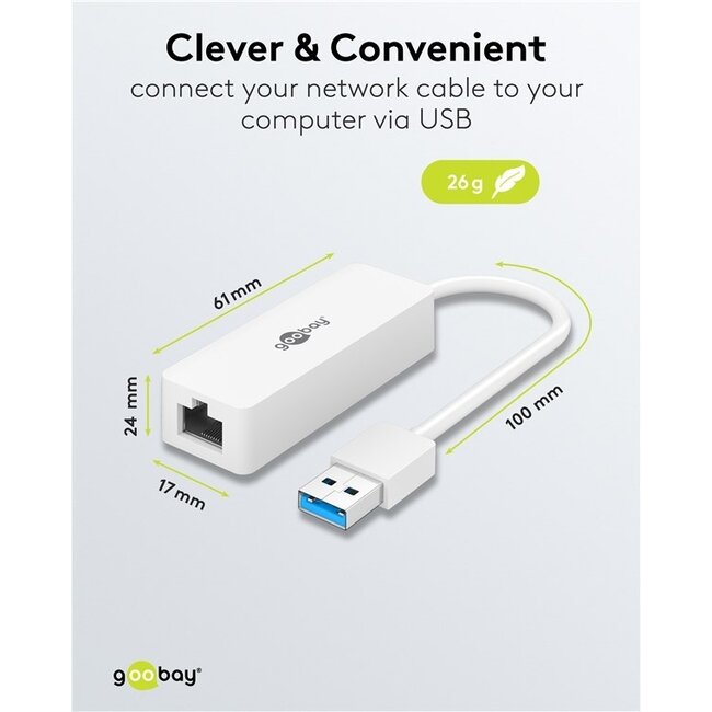 Goobay USB-A zu RJ45 LAN Adapter | USB 3.0 | CAT6 | Weiß | 0,10 m