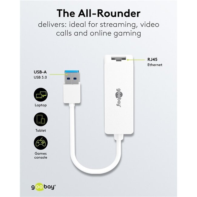Goobay USB-A zu RJ45 LAN Adapter | USB 3.0 | CAT6 | Weiß | 0,10 m