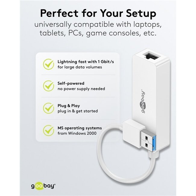 Goobay USB-A zu RJ45 LAN Adapter | USB 3.0 | CAT6 | Weiß | 0,10 m