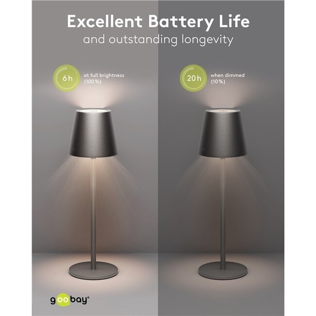 Goobay LED-Tischlampe | warmweiß | dimmbar | wiederaufladbar (USB-C) | schwarz | IP44