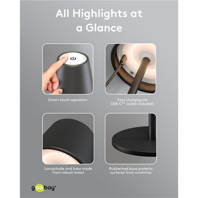 Goobay LED-Tischlampe | warmweiß | dimmbar | wiederaufladbar (USB-C) | schwarz | IP44