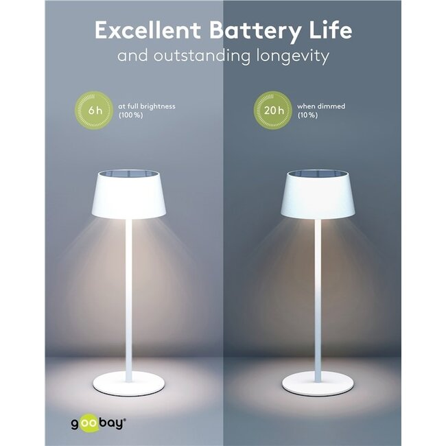 Goobay LED-Tischlampe | warmweiß | dimmbar | wiederaufladbar (Solar/USB-C) | weiß | IP44