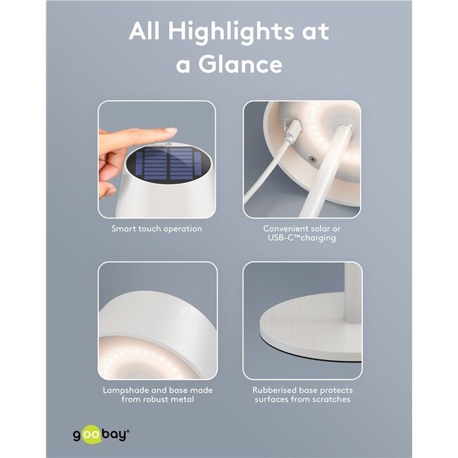 Goobay LED-Tischlampe | warmweiß | dimmbar | wiederaufladbar (Solar/USB-C) | weiß | IP44