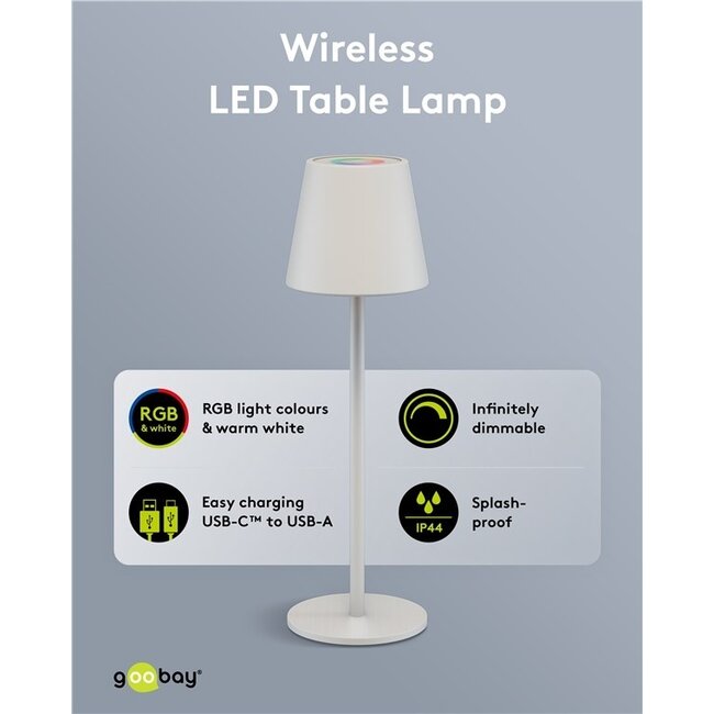 Goobay LED-Tischlampe | RGB + Warmweiß | Dimmbar | USB-C Ladebar | Weiß | IP44