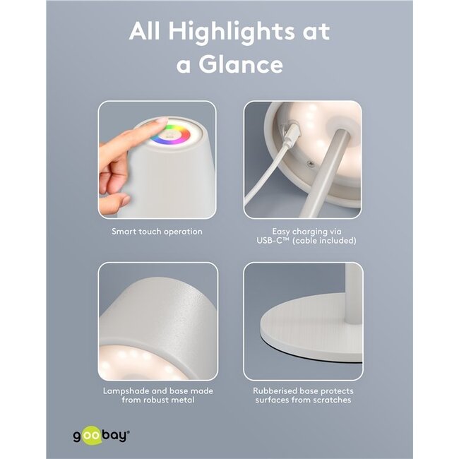 Goobay LED-Tischlampe | RGB + Warmweiß | Dimmbar | USB-C Ladebar | Weiß | IP44