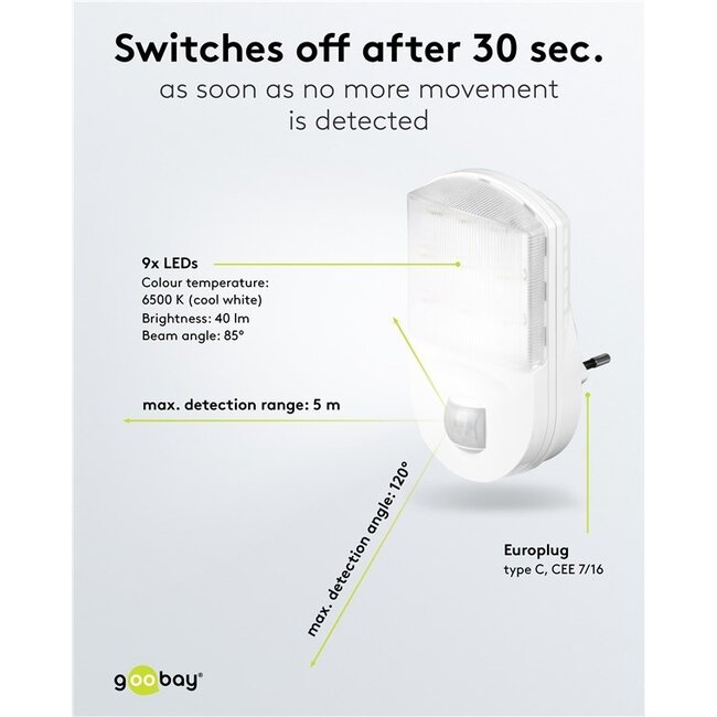 Goobay LED Nachtlicht mit Bewegungssensor | Stecker | Kaltweiß | IP20