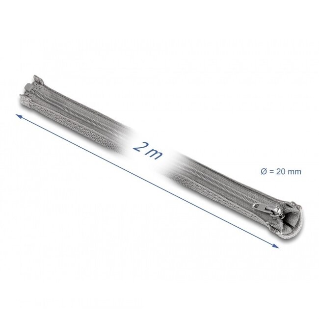 Delock Polyester Kabelschutz mit Reißverschluss | 20mm | Hitzebeständig | Grau | 2 Meter