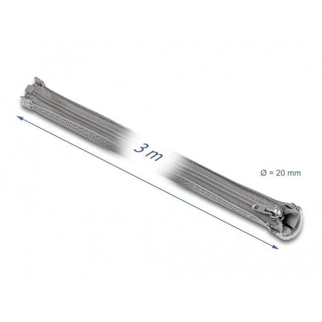 Delock Polyester Kabelschutzschlauch mit Reißverschluss | 20mm | Hitzebeständig | Grau | 3 Meter