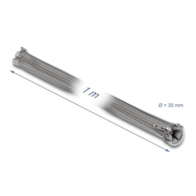 Delock Polyester Kabelschutz mit Reißverschluss | 30mm | Hitzebeständig | Grau | 1 Meter