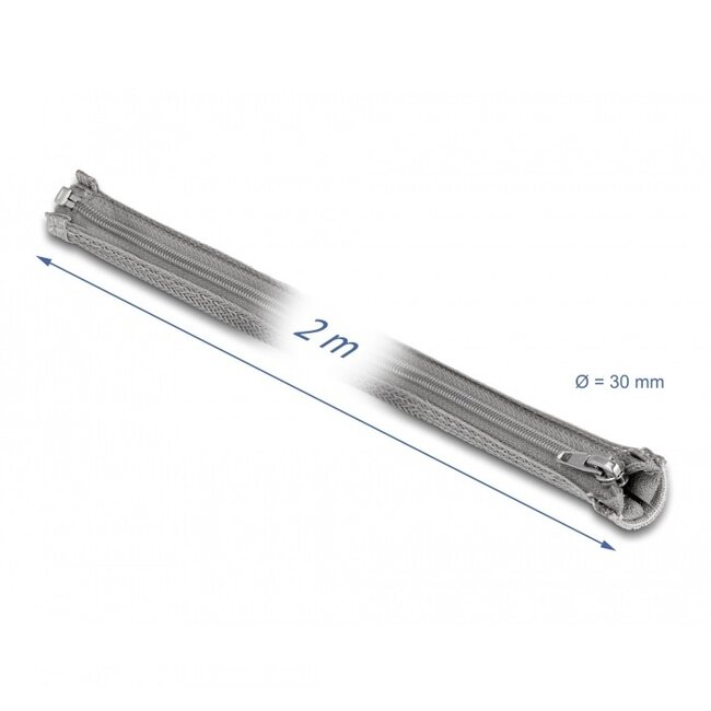 Delock Polyester Kabelschutz mit Reißverschluss | 30mm | Hitzebeständig | Grau | 2 Meter