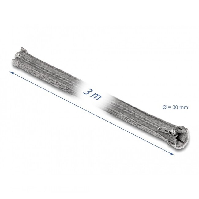 Delock Polyester Kabelschutzschlauch mit Reißverschluss | 30mm | Hitzebeständig | Grau | 3 Meter