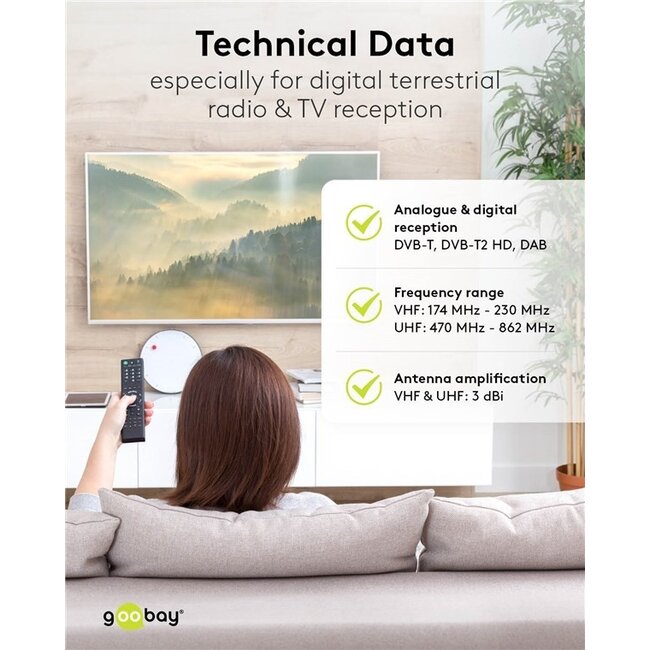 Goobay UHF/VHF/DVB-T/T2 Antenne für Innen & Außen | Passiv | 3 dBi | 2 Meter