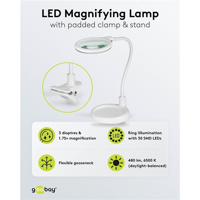 Goobay LED Lupe Lampe | 480 lm | 6W | Tischklemme & Ständer | Weiß