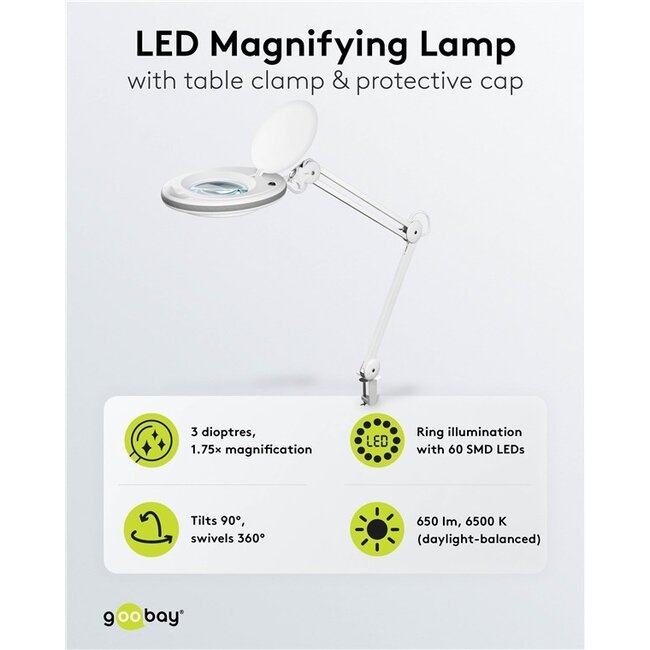 Goobay LED Lupe Lampe | 650 lm | 8W | Tischklemme | Weiß
