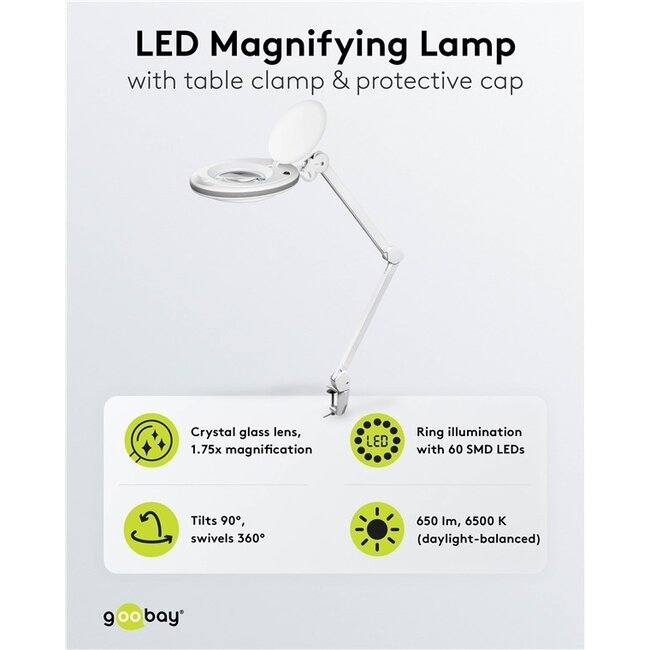 Goobay Premium LED-Lupenlampe | 650 lm | 8W | Tischklemme | Weiß