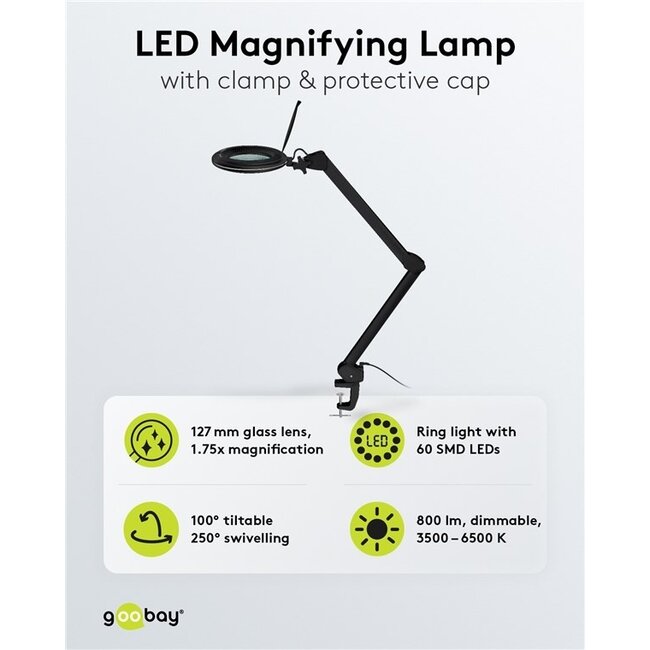 Goobay LED-Lupenlampe | 800 lm (dimmbar) | 10W | Tischklemme | Schwarz