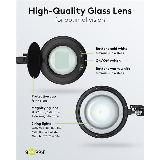 Goobay LED-Lupenlampe | 800 lm (dimmbar) | 10W | Tischklemme | Schwarz