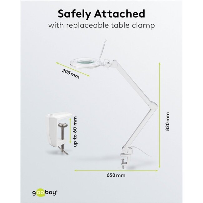 Goobay LED Lupenlampe | 800 lm (dimmbar) | 10W | Tischklemme | Weiß