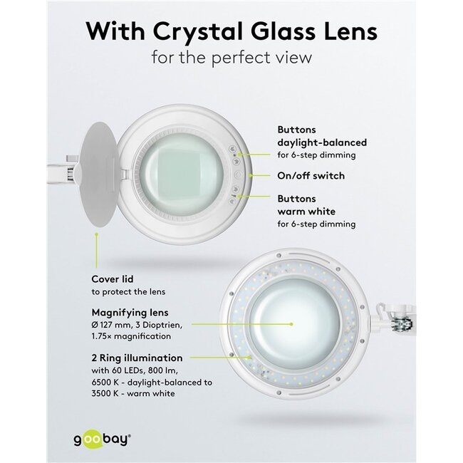 Goobay LED Lupenlampe | 800 lm (dimmbar) | 10W | Tischklemme | Weiß