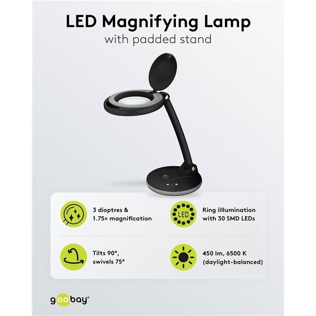 Goobay LED-Lupenlampe | 450 lm (dimmbar) | 6W | Schreibtischständer | Schwarz