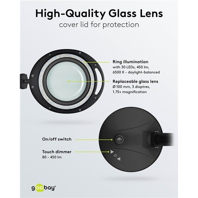 Goobay LED-Lupenlampe | 450 lm (dimmbar) | 6W | Schreibtischständer | Schwarz