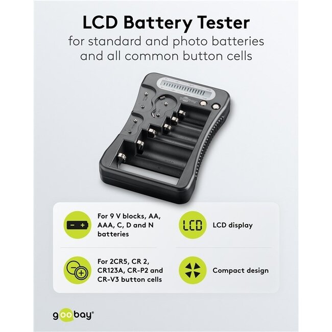 Goobay Batterietester mit LCD-Display für AA-, AAA-, C-, D-, 9V- und Knopfzellen