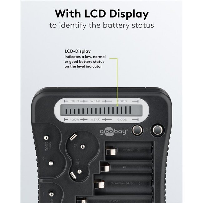 Goobay Batterietester mit LCD-Display für AA-, AAA-, C-, D-, 9V- und Knopfzellen