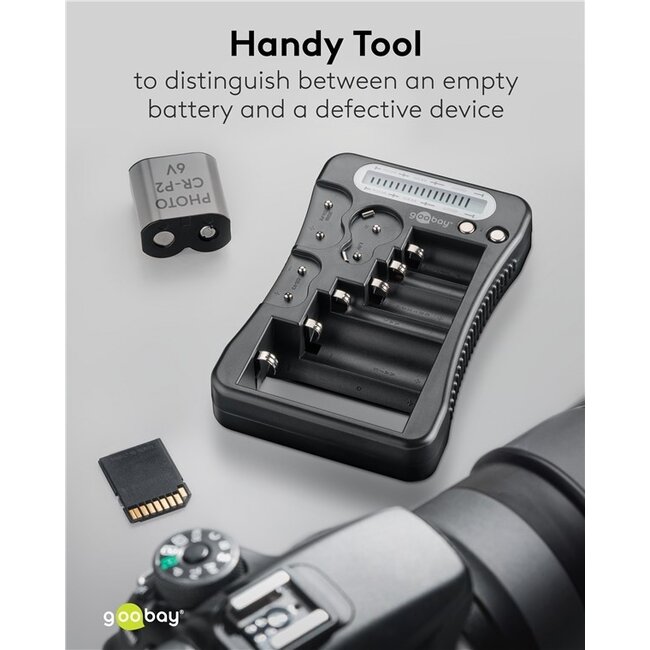 Goobay Batterietester mit LCD-Display für AA-, AAA-, C-, D-, 9V- und Knopfzellen